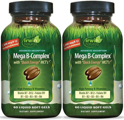 Irwin Naturals Mega B-Complex - 60 Liquid Softgels - Vitamin B Complex with Vitamin B12, Folate B9, Biotin B7, B1, B2, B3, B5, B6, and Rapid Energy MCTs