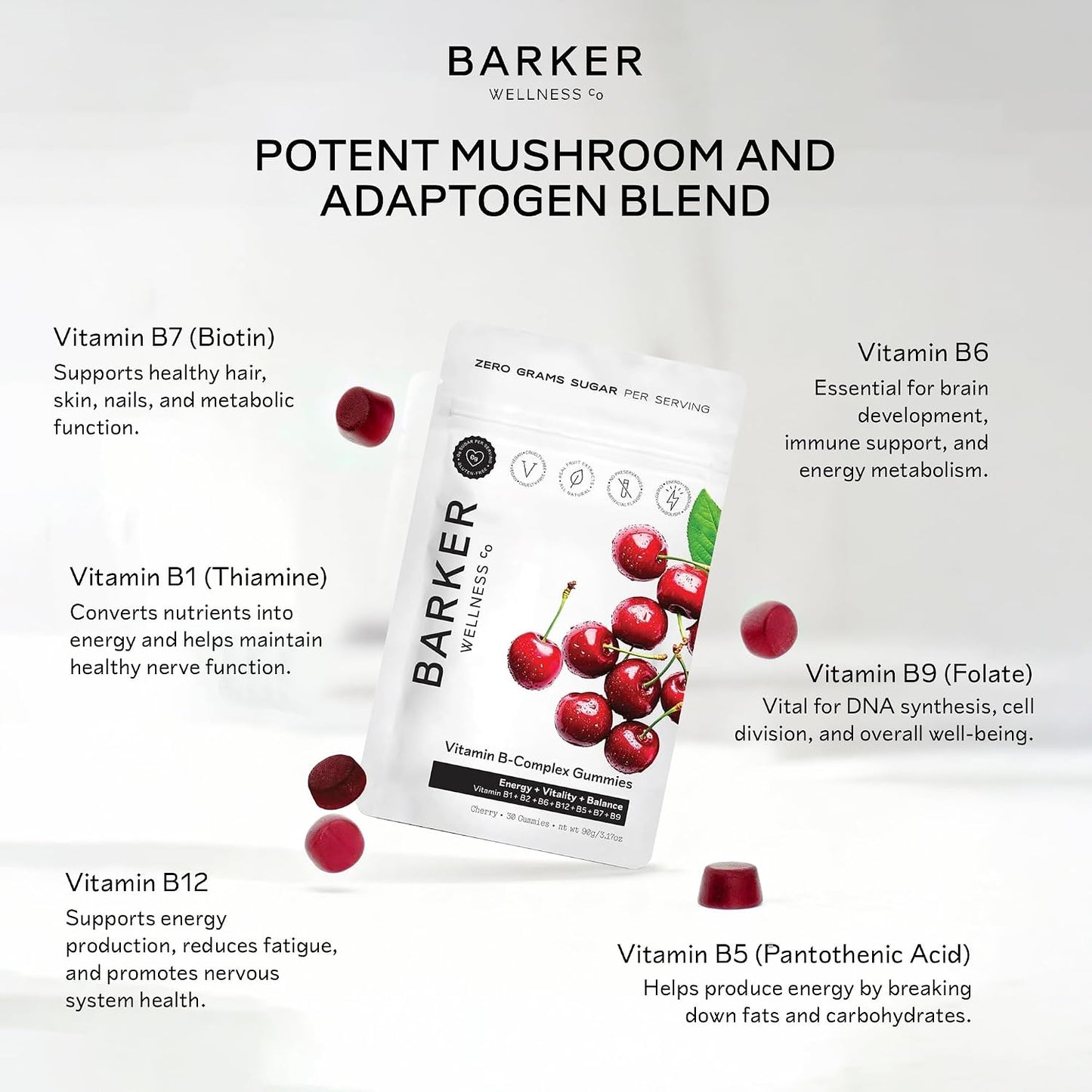 Barker Wellness Vitamin B-Complex Gummies – Sugar-Free Cherry, Vegan, Energy & Metabolism support - görsel 6