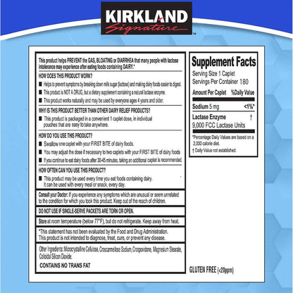 Kirkland Signature Fast Acting Lactase Natural Dairy Digestive Supplement, 180 Caplets