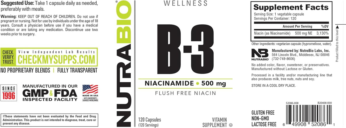 NutraBio Niacinamide – Flush Free Vitamin B3, 500mg, 120 Vegetable Capsules - görsel 4