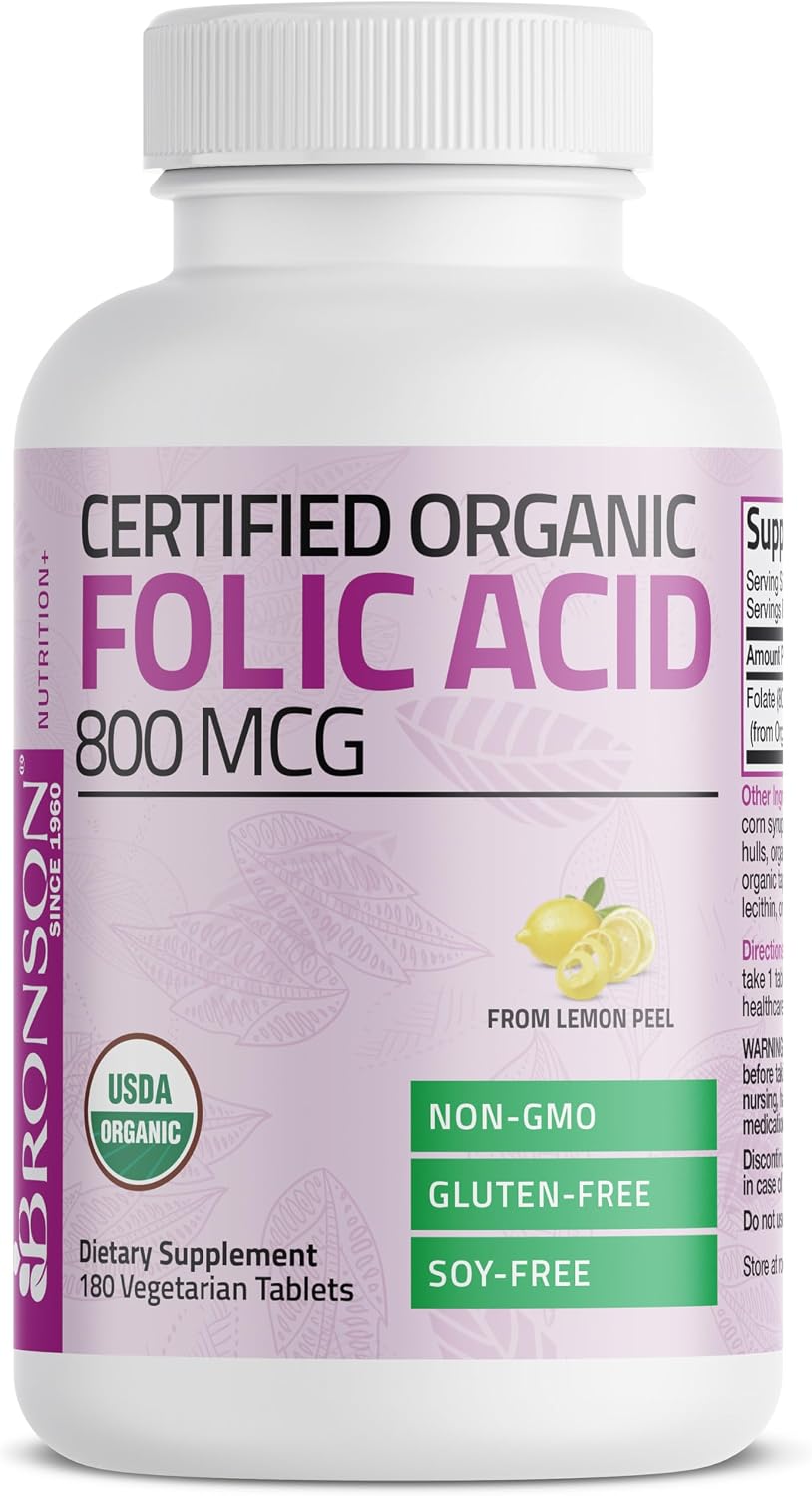 Bronson Organic Folic Acid (Vitamin B9 Folate) 800 mcg Folate from Lemon Peel, 180 Tablets - görsel 3