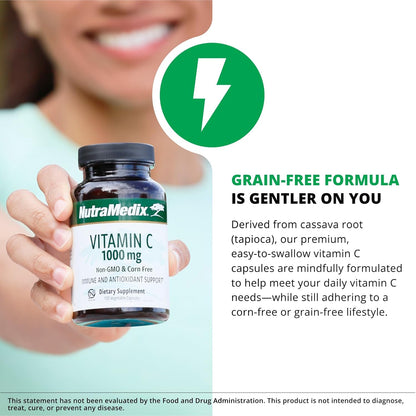 NutraMedix Corn-Free Vitamin C Capsules – Antioxidant and Seasonal Immune Support – Vitamin C Supplement with Ascorbic Acid Derived from Tapioca – 1000 mg (120 Vegetable Capsules)