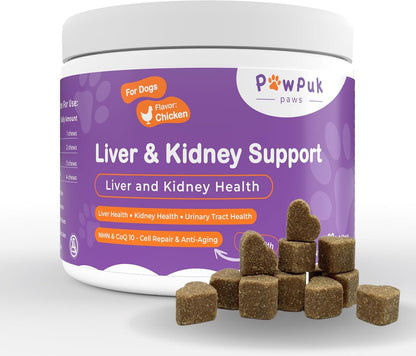 PawPuk Paws Liver & Kidney Vitamins Supplements for Dogs, SAM-e & Silymarin - Liver Function, NMN & CoQ10 - Anti-Ageing, Rehmannia & Rhubarb - Natural Herbal Kidney Support, Cranberry - Urinary Tract Health