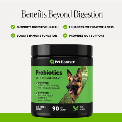 6 Billion CFU Dog Probiotics with Prebiotics, Digestive Enzymes, & Fibre - Relief for Occasional Diarrhoea, Gas, Bloating & Itchy Skin - Daily Gut Health & Immune Support for All Dogs (Duck, 90 Chews)