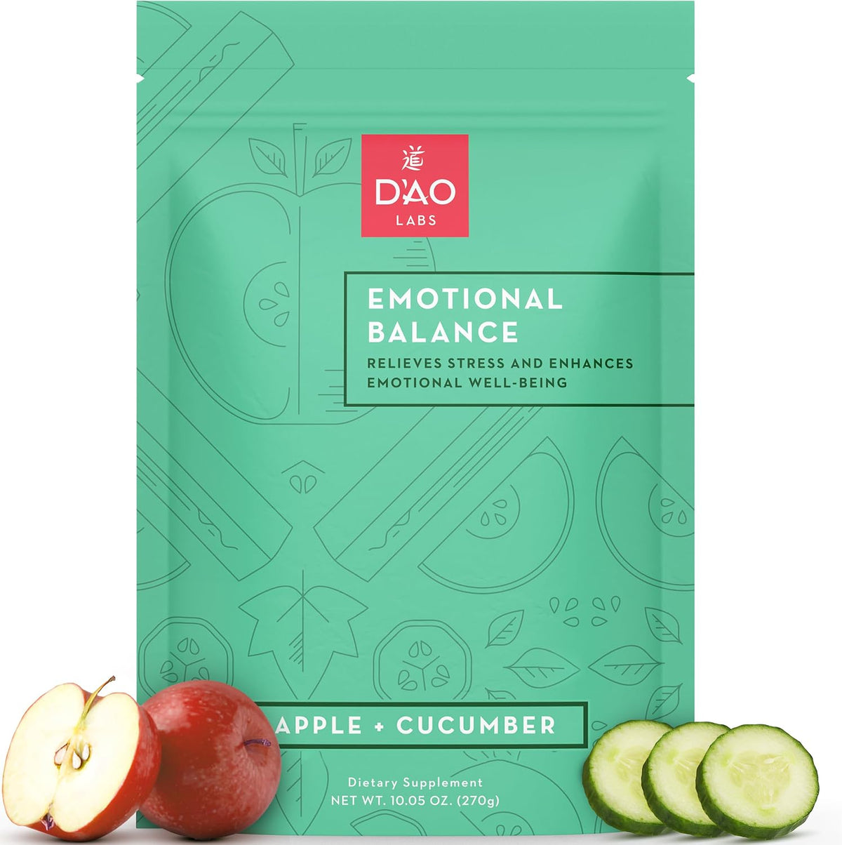 D'AO Labs Emotional Balance Powder - Calm & Stress Relief - Effervescent Herbal Supplement - Apple-Cucumber Flavour - 30 Servings - görsel 1