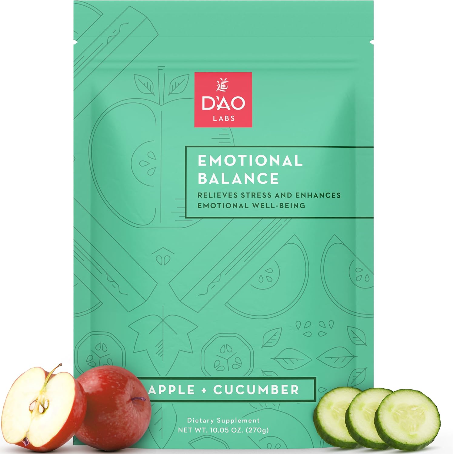 D'AO Labs Emotional Balance Powder - Calm & Stress Relief - Effervescent Herbal Supplement - Apple-Cucumber Flavour - 30 Servings - görsel 1