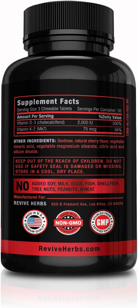 Revive Herbs Vitamin K2 D3 - Cherry Flavoured Chewable Tablets for Superior Calcium Absorption - Supports Bone & – Image 2