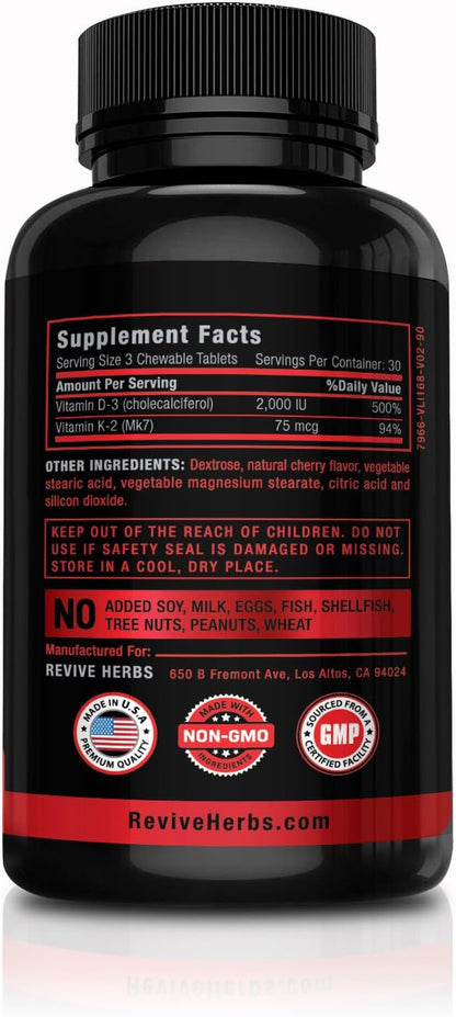 Revive Herbs Vitamin K2 D3 - Cherry Flavoured Chewable Tablets for Superior Calcium Absorption - Supports Bone & – Image 2