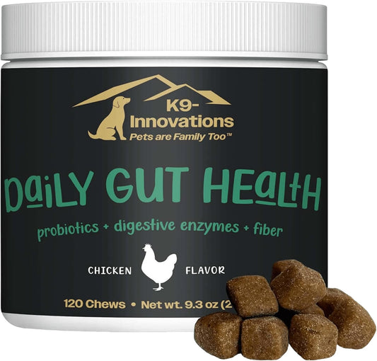 K9-Innovations - Daily Gut Health for Dogs - Gut and Immune Support, Enzymes + Probiotics, 2 Billion CFUs, No Fillers, Chicken Flavour - 120 Chews