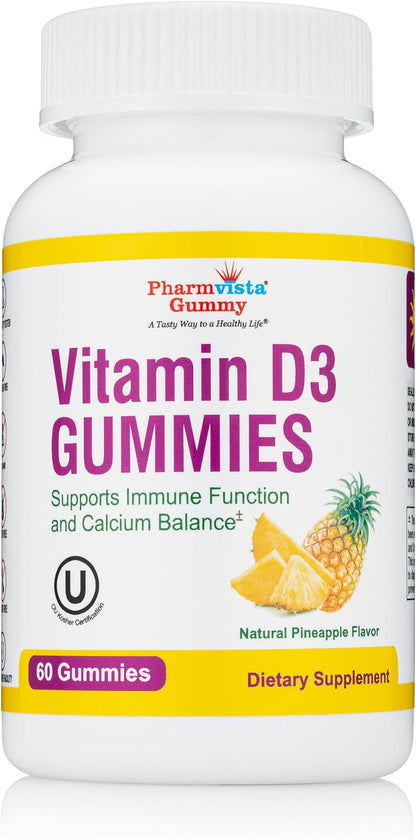 Vitamin D3 Gummies - Tasty, Gluten-free, Non-GM Gummy Vitamin - 60 Count (Pineapple Flavour)