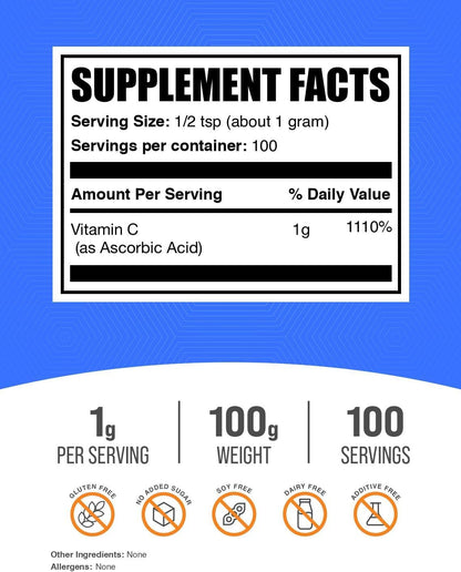 BulkSupplements.com Ascorbic Acid Powder - Vitamin C Supplement, Immune Support, Gluten-free, 1g per Serving, 100g (3.5 oz)