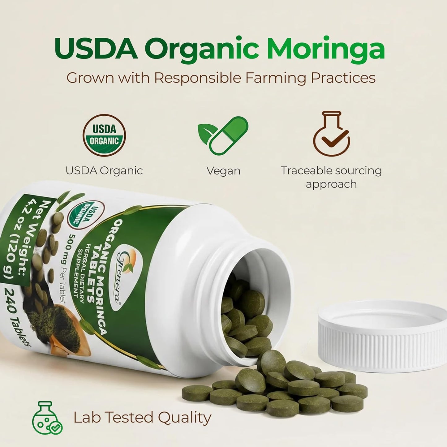 Grenera Organic Moringa Tablets – USDA Organic, 500mg, 240 Tablets - görsel 6