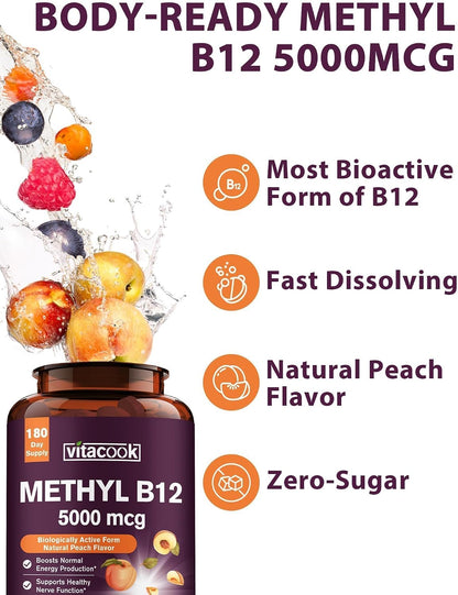 Vitacook Vitamin B12 Sublingual, Methylcobalamin 5000mcg for Energy Production, Nerve & Cell Support, Natural Peach Flavour, Vegan, No Added Sugar, 180 Fast Dissolve Tablets