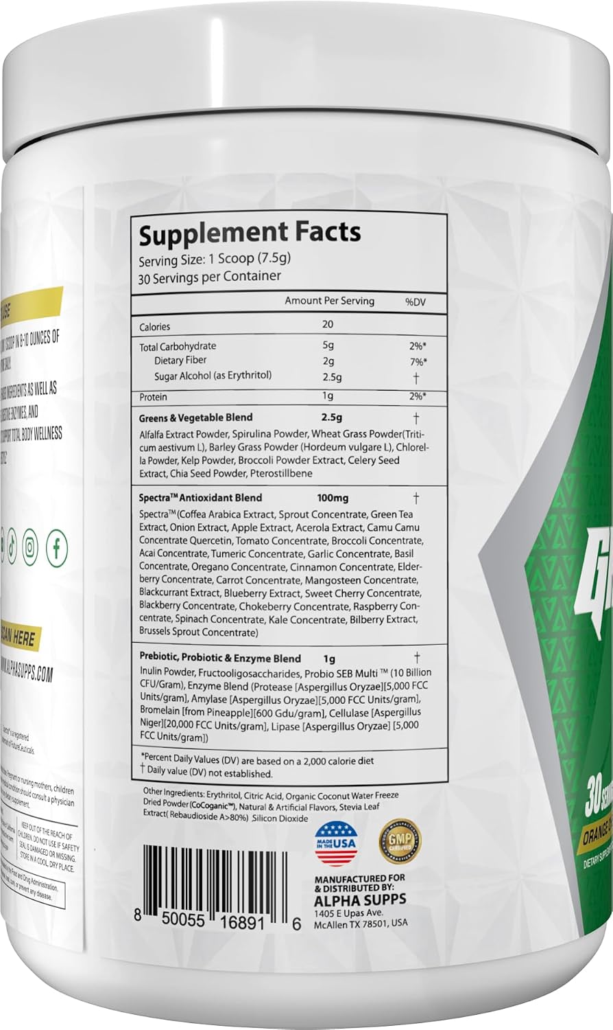 Alpha Supps - Alpha Greens Supplement | Fruit & Vegetable Superfood Powder | Over 40 Natural Plant Based Ingredients | Prebiotic & Probiotic Digestive Support Blend - 30 Servings (Orange Cherry) - görsel 4