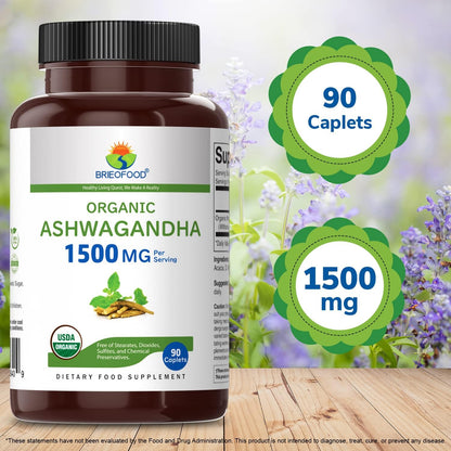 Organic Ashwagandha 1500mg, 45 Servings, Vegetarian, Gluten-free, 90 Vegetarian Tablets