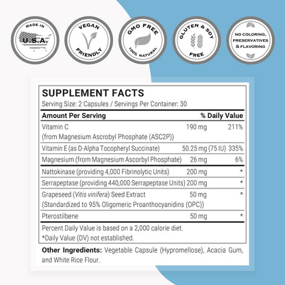 Supersmart Plasminogen Activator (Advanced Formula) - High Potency Antioxidant with Nattokinase, Serrapeptase, Pterostilbene, OPC - 60 Delayed-Release Capsules