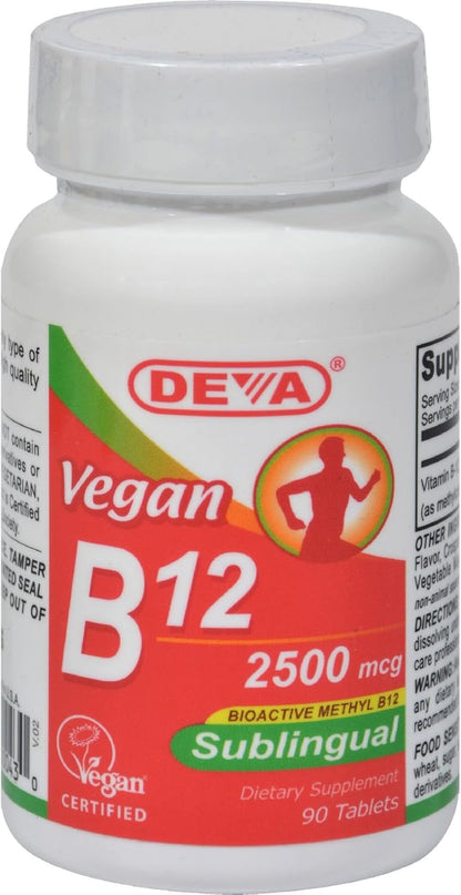 Deva Vegan Vitamins Sublingual B12-2500 mcg - 90 Tablets - Bioactive Methylcobalamin