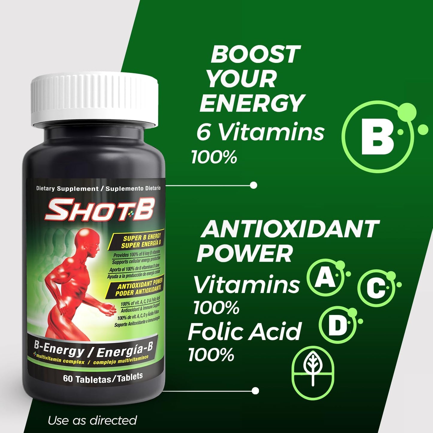 Shot B Multivitamin Complex, B-Energy, Vitamin B Complex with Antioxidant Support, 60 Tablets - görsel 3