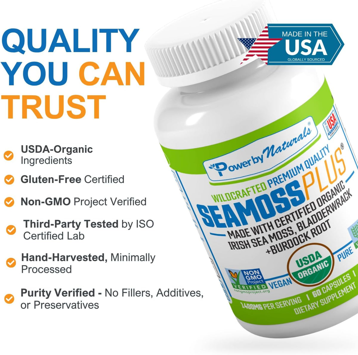 Power By Naturals Sea Moss Plus – USDA Organic Irish Sea Moss Capsules with Bladderwrack & Burdock Root – Immune Support for Adults – Vegan, Non-GMO, Gluten-free – 60 Capsules (1-Month Supply) - görsel 7