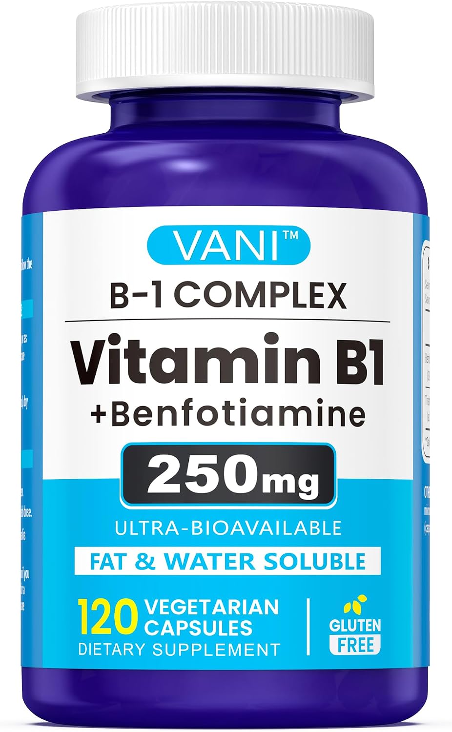 VANI 250mg Vitamin B1 with Benfotiamine – Enhanced Formula, Fat- & Water-Soluble Thiamine Supplement (120 Capsules, Gluten-free) - görsel 1