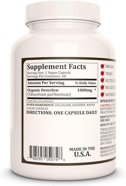 Feverfew | 1,000 mg, 60 Vegan Capsules Herbal Food Supplement | Two Month Supply