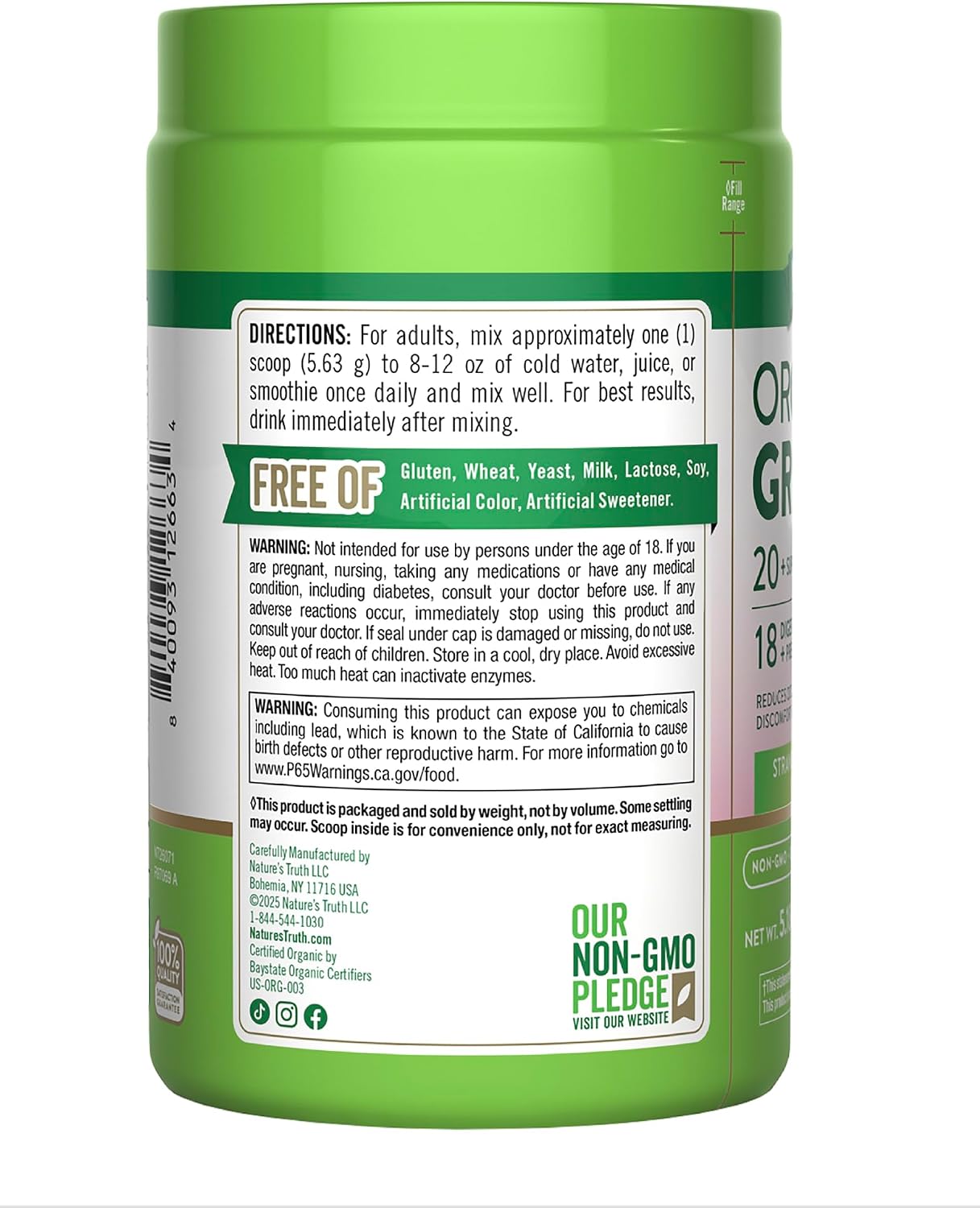 Nature's Truth Organic Greens Powder, Strawberry Kiwi, 147 g - görsel 7
