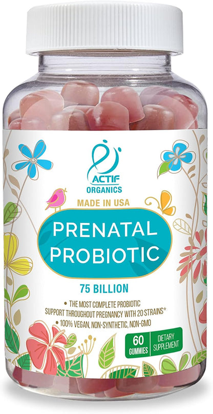 ACTIF Prenatal Probiotic Maximum Strength – 75 Billion CFU, 20 Strains, Immunity & Gut Support, Zero Nausea Gummies, Strawberry, 60 Count