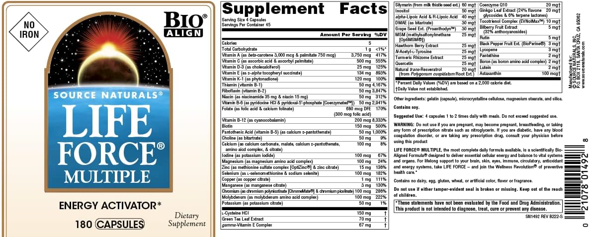 Source Naturals Life Force Multiple, Iron Free – Daily Multivitamin with 40+ Nutrients (180 Capsules) - görsel 4