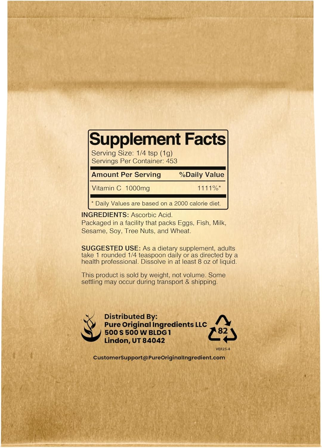 PURE ORIGINAL INGREDIENTS Vitamin C Powder (1 lb) Ascorbic Acid, Non GMO, Food Supplement - görsel 2