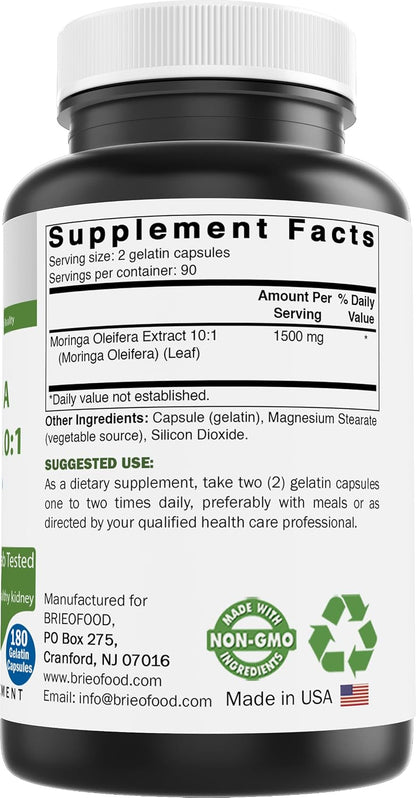 Moringa Oleifera Extract 10:1 1500 mg - 180 Capsules - Non-GM and Gluten-Free Supplement - Moringa Leaf Green Superfood