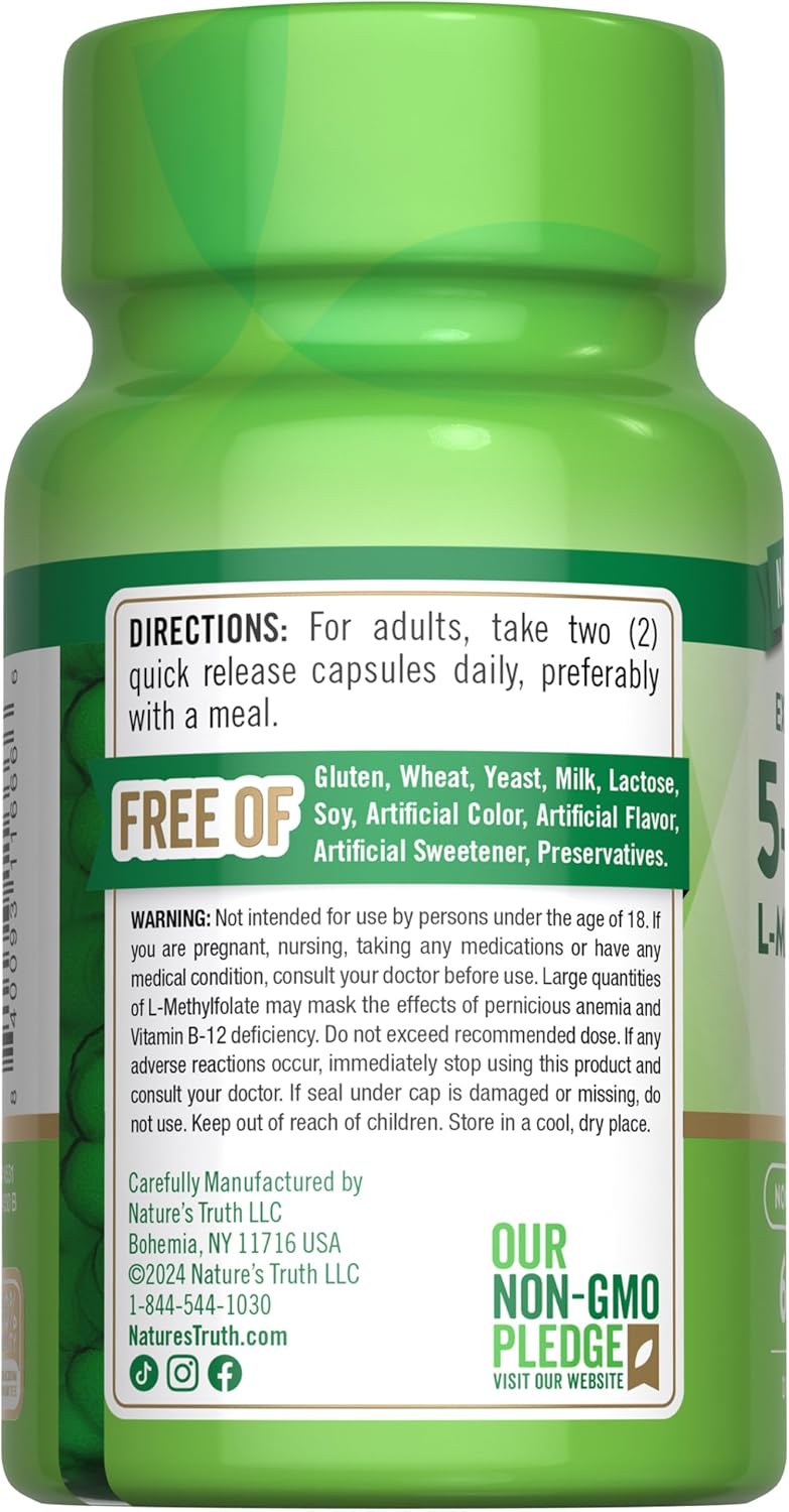 Nature's Truth L-Methylfolate 15mg, 60 Capsules – Extra Strength Active B9 Supplement - görsel 7