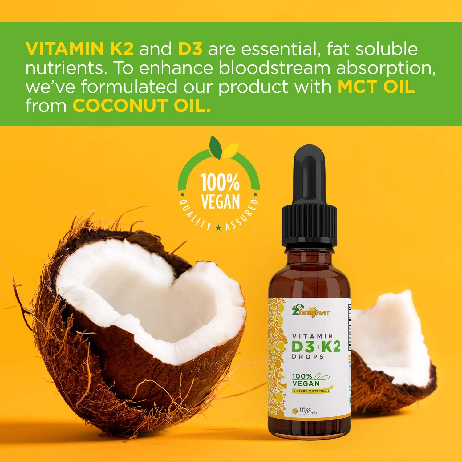 Vegan Liquid Drops Vitamin D3 K2 (MK-7) - Plant-Based with Coconut Oil for Improved Absorption - 1000 IU D3 & 200 mcg K2 per Serving - görsel 4