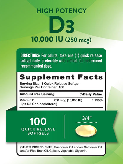 Nature's Truth Vitamin D3 10,000 IU Softgels – 100 Capsules – High Strength, Non-GMO, Gluten-free