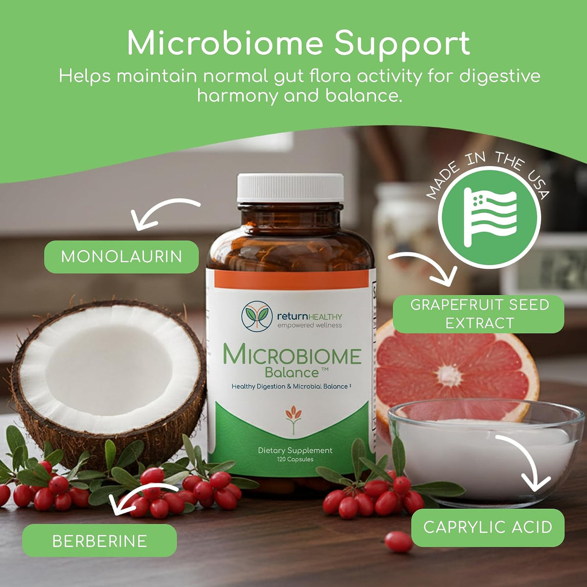 Microbiome Balance – Gut Health Supplement with Monolaurin & Caprylic Acid – 120 Capsules - görsel 2