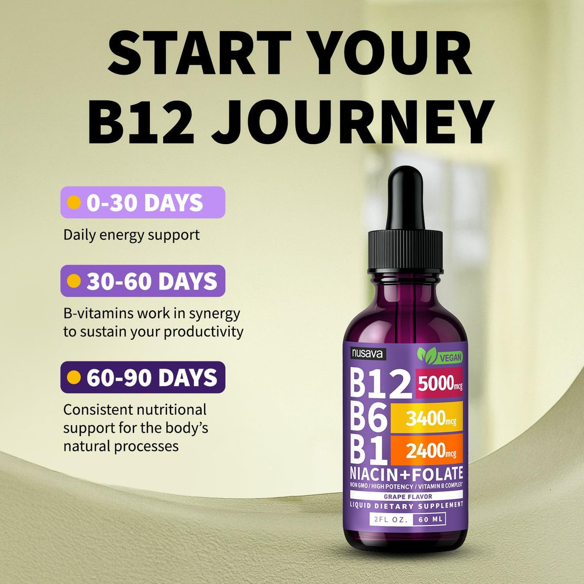 NUSAVA Vitamin B12 Liquid Drops 5000mcg with B6 & B1 - Sublingual Methylcobalamin B Complex, Vegan, Non-GMO, Grape Flavour (2 Pack) - görsel 4