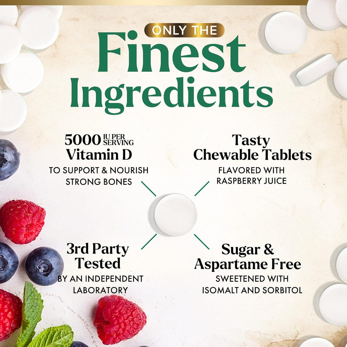 Nature's Nutrition Vitamin D3 5000 IU (125 µg) Chewable Tablets – Extra Strength for Immune Support & Bone Health – Sugar Free, Gluten-free – 60 Count - görsel 3