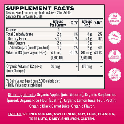 Llama Naturals Vitamin D3 Gummies – Vegan, Organic, Immune & Bone Health Support, Real Fruit, No Added Sugar, Raspberry, 60 Gummies