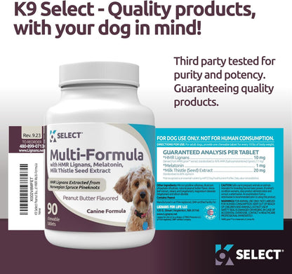 K9 Select Multi-Formula Dog Vitamins for Smaller Dogs - 10mg HMR Lignans, 1mg Melatonin, 20mg Milk Thistle - 90 Chewable Tablets, Peanut Butter Flavour