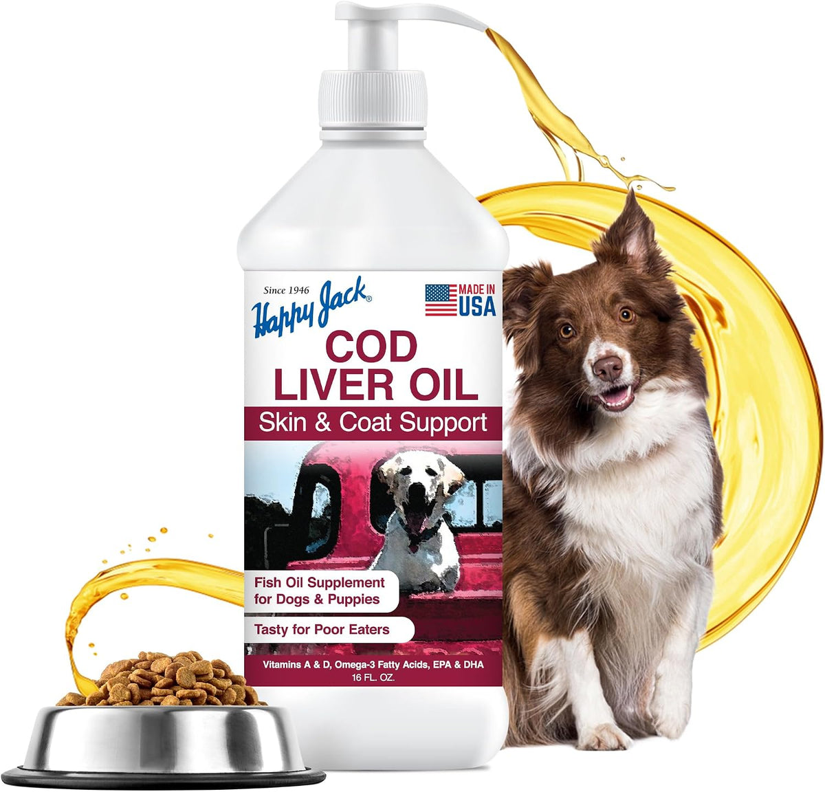 Cod Liver Fish Oil for Dogs, 16 fl oz (473 ml) | Skin & Coat Supplement, Brain, Eyes, Bones, Hip, Joint, Heart, Immune Health, Energy Booster, Omega 3 with EPA, DHA, Vitamins A, D - görsel 1
