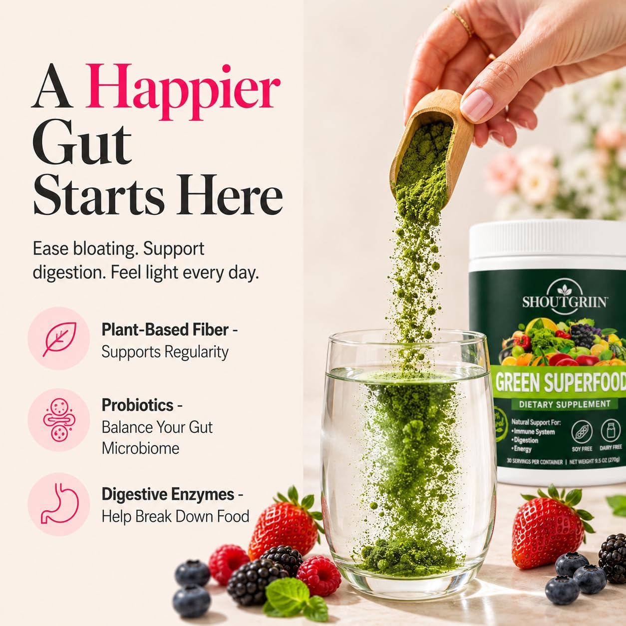 SHOUTGRIIN Green Superfood Powder – Organic Super Greens with 100 Billion CFU Probiotics & Digestive Enzymes - görsel 6