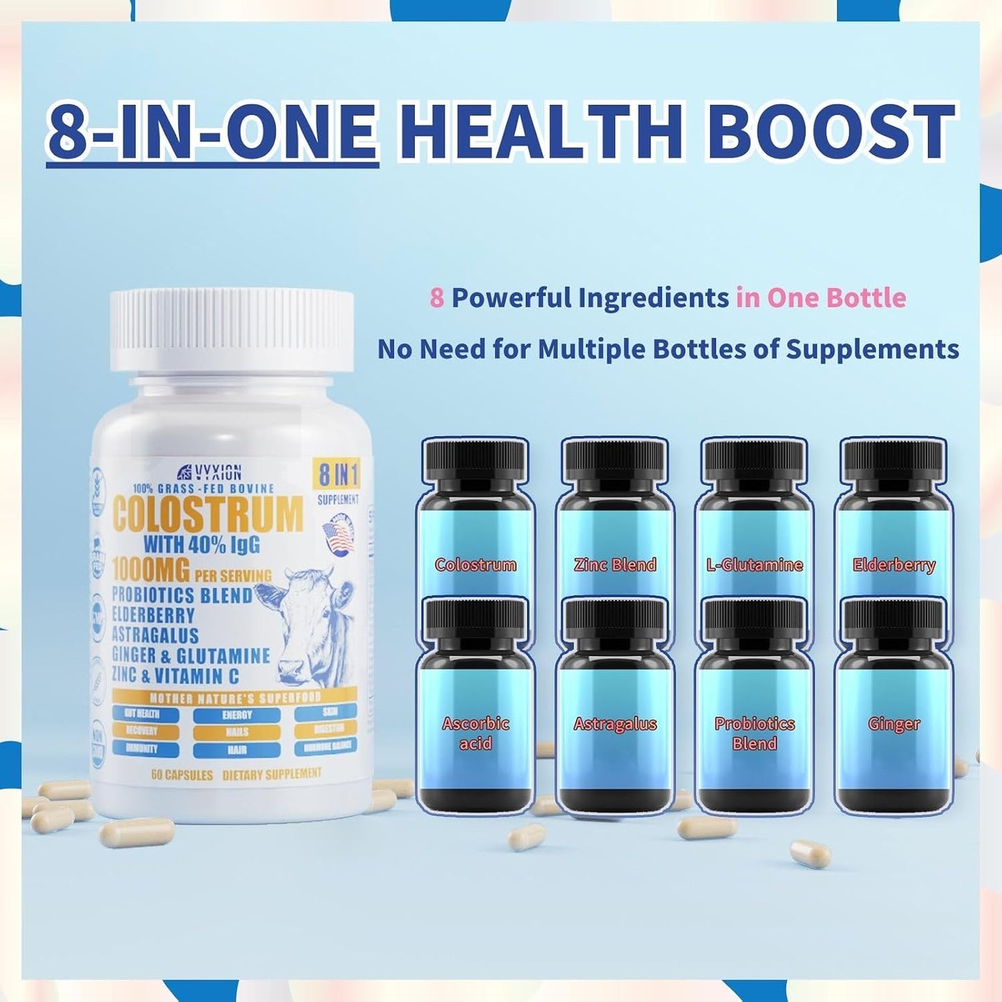 Vyxion 8-in-1 Bovine Colostrum Supplement, 1000mg, 40% IgG, Grass-Fed, 60 Capsules - görsel 2