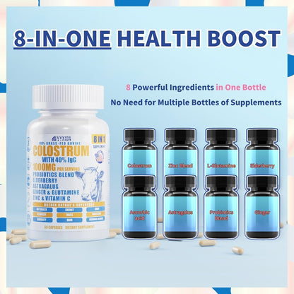 Vyxion 8-in-1 Bovine Colostrum Supplement, 1000mg, 40% IgG, Grass-Fed, 60 Capsules