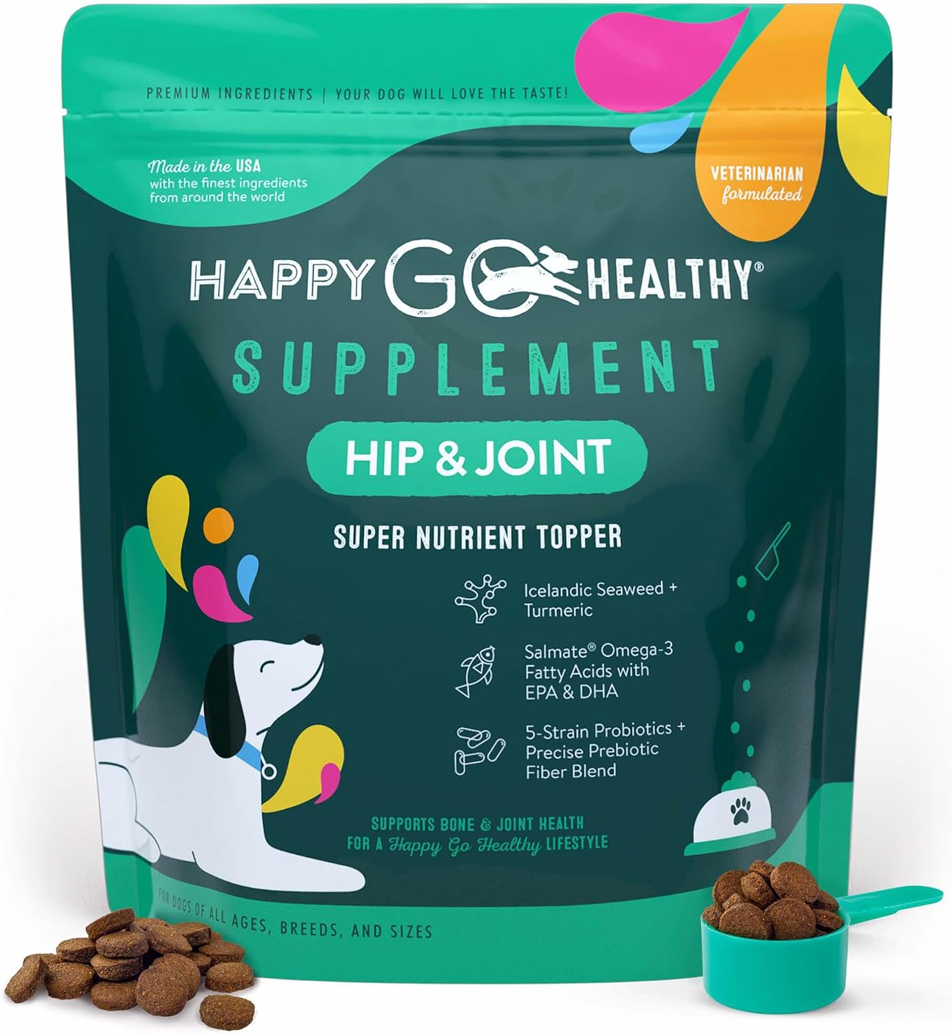 Happy Go Healthy Hip & Joint Supplement for Dogs – Probiotic & Prebiotic Benefits with Wild Salmon Omega-3s, 120 Count - görsel 1
