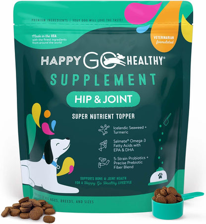 Happy Go Healthy Hip & Joint Supplement for Dogs – Probiotic & Prebiotic Benefits with Wild Salmon Omega-3s, 120 Count