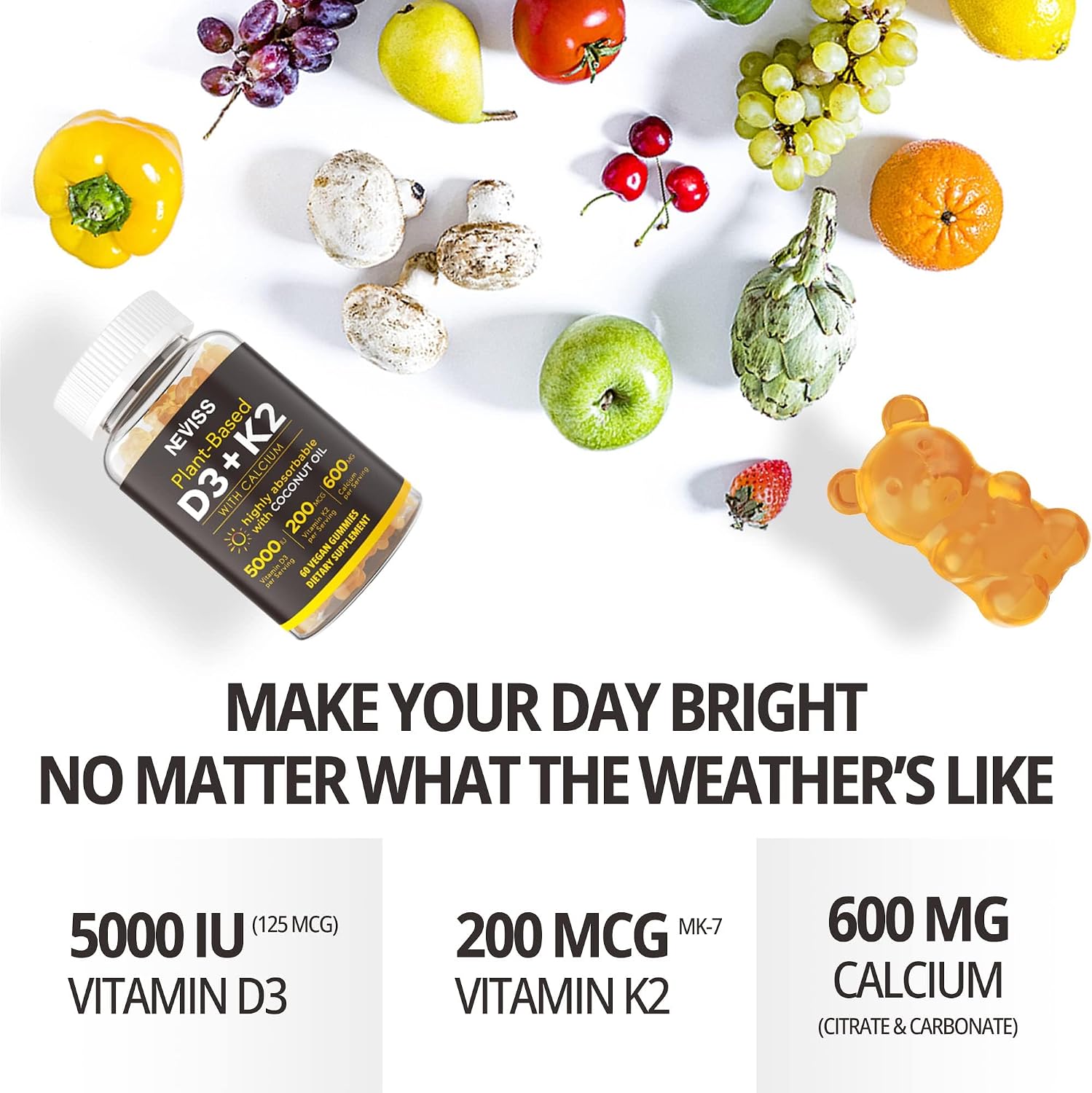 Vitamin D3 K2 Gummy Bears – 5000 IU D3, 200 mcg K2 MK7, 600 mg Calcium, Vegan, 60 Gummies - görsel 7