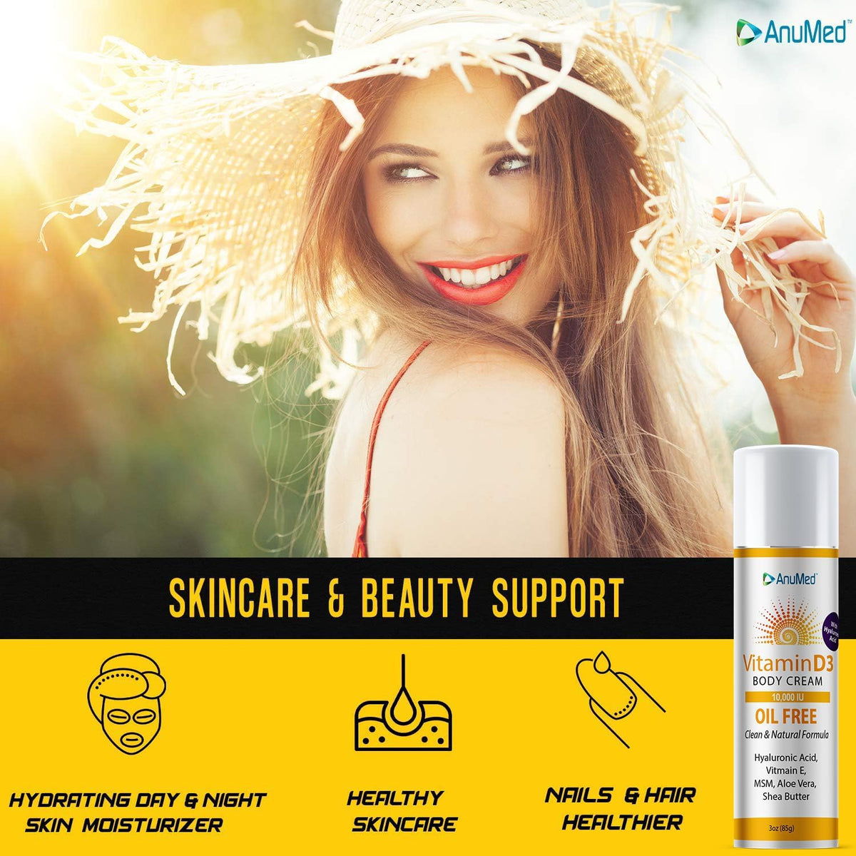 AnuMed Vitamin D3 10,000 IU Oil-Free Cream with Hyaluronic Acid, Vitamin E, and Shea Butter – Moisturising Cream for Dry Skin, Vegan & Non-GM (85 g) - görsel 4