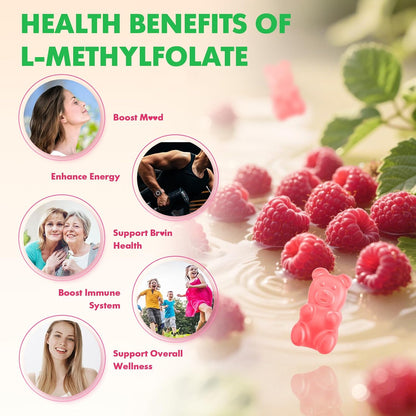 MEENCCD L-Methylfolate Gummies, Methylfolate Supplement, 5-MTHF Supplement - Active 5-MTHF - Supports Overall Wellness, Vegan, Raspberry Flavour, 60 Count