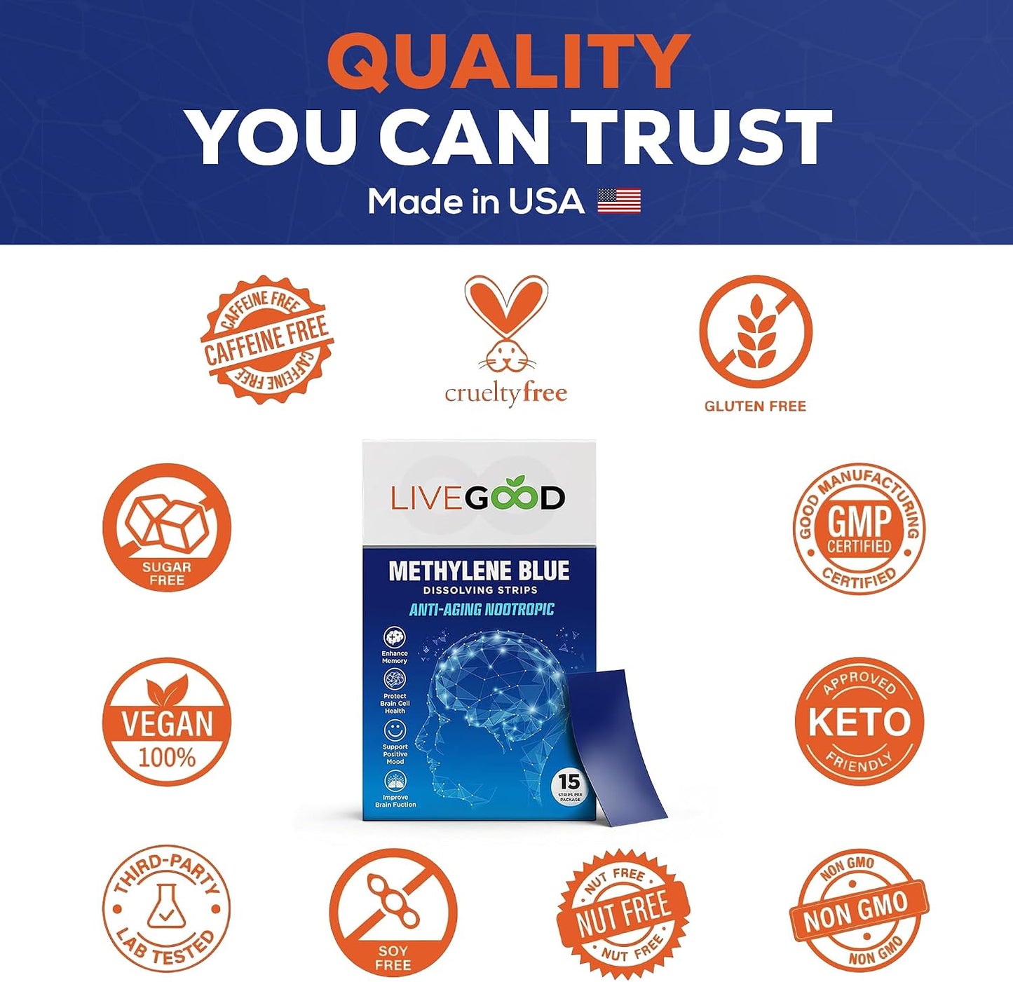 Methylene Blue Supplement for Mental Clarity and Memory – Pharmaceutical Grade Methylene Blue Strips – Fast-Acting Nootropic Brain Support – Mint Flavour, 15 Count (20mg per Strip) - görsel 7