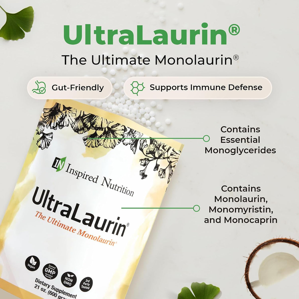 UltraLaurin Monolaurin Supplement – 3,000 mg Coconut-Derived Pellets – 595 g (200 Servings) – Vegan, Non-GMO - görsel 4