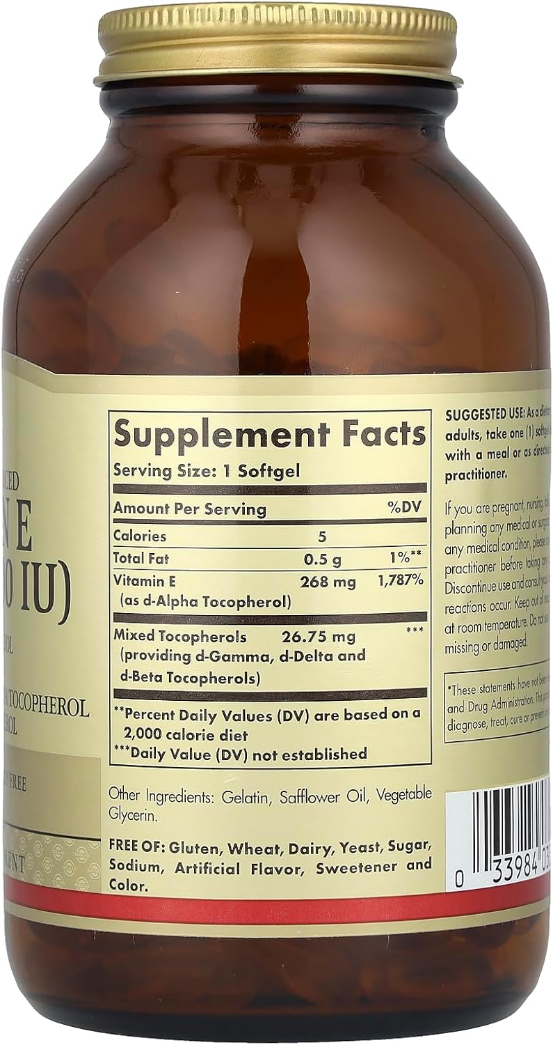 Solgar Vitamin E, d-Alpha Tocopherol Plus Mixed Tocopherols, 400 IU (268 mg), 250 Softgels - görsel 2